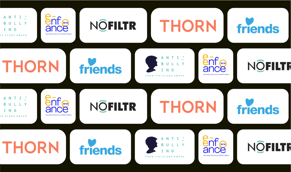 logos of e-Enfance 3018, Friends, Anti-Bullying, Thorn, NoFilter