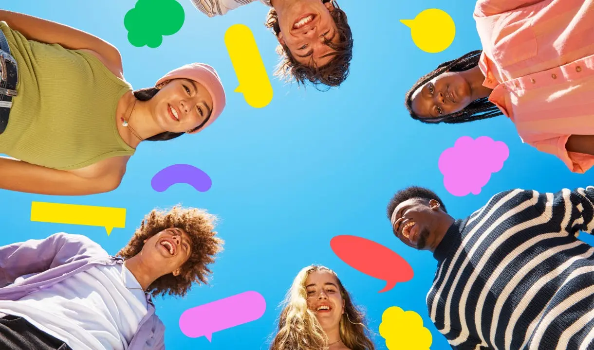 Six teenagers laughing, multicoloured tags on a blue background